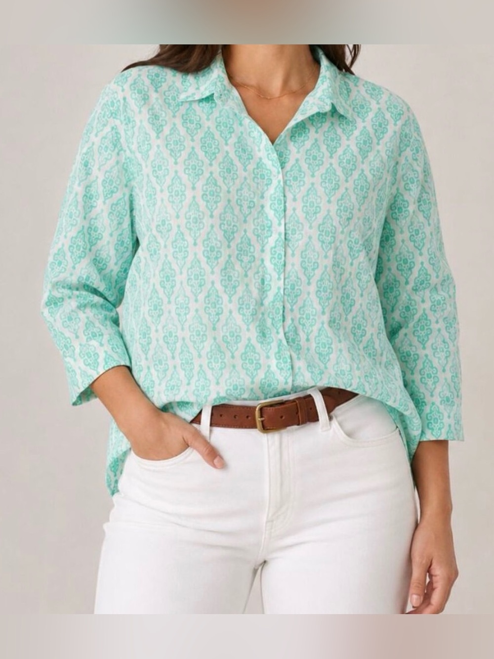Chicos No Iron 100% Linen Button Down Shirt Sz 3 / XL /16 White Green Natural